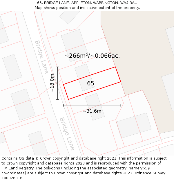 65, BRIDGE LANE, APPLETON, WARRINGTON, WA4 3AU: Plot and title map