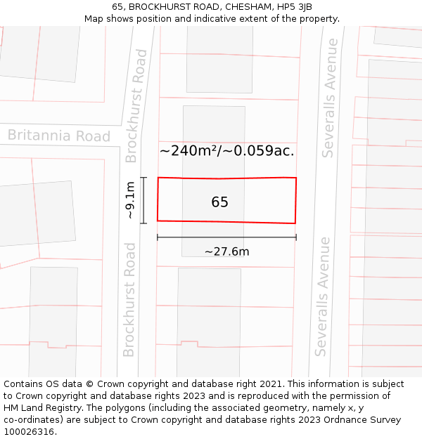 65, BROCKHURST ROAD, CHESHAM, HP5 3JB: Plot and title map