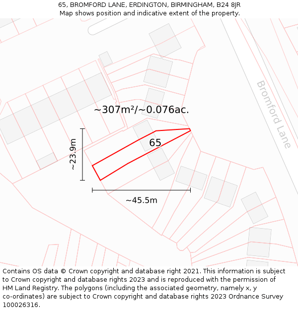 65, BROMFORD LANE, ERDINGTON, BIRMINGHAM, B24 8JR: Plot and title map