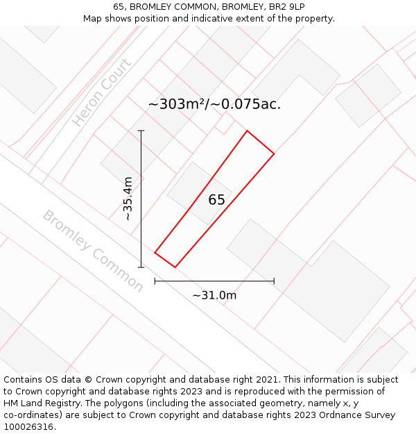 65, BROMLEY COMMON, BROMLEY, BR2 9LP: Plot and title map