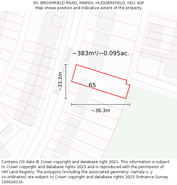 65, BROOMFIELD ROAD, MARSH, HUDDERSFIELD, HD1 4QF: Plot and title map