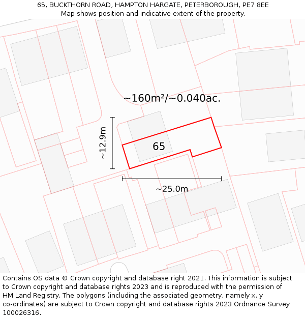 65, BUCKTHORN ROAD, HAMPTON HARGATE, PETERBOROUGH, PE7 8EE: Plot and title map