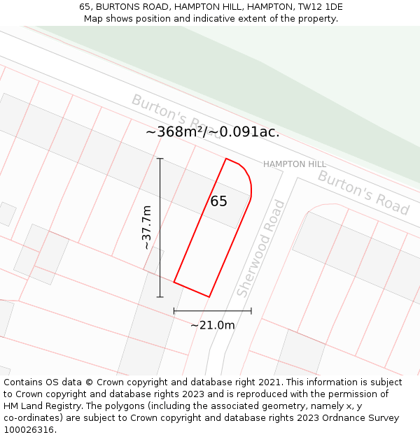 65, BURTONS ROAD, HAMPTON HILL, HAMPTON, TW12 1DE: Plot and title map