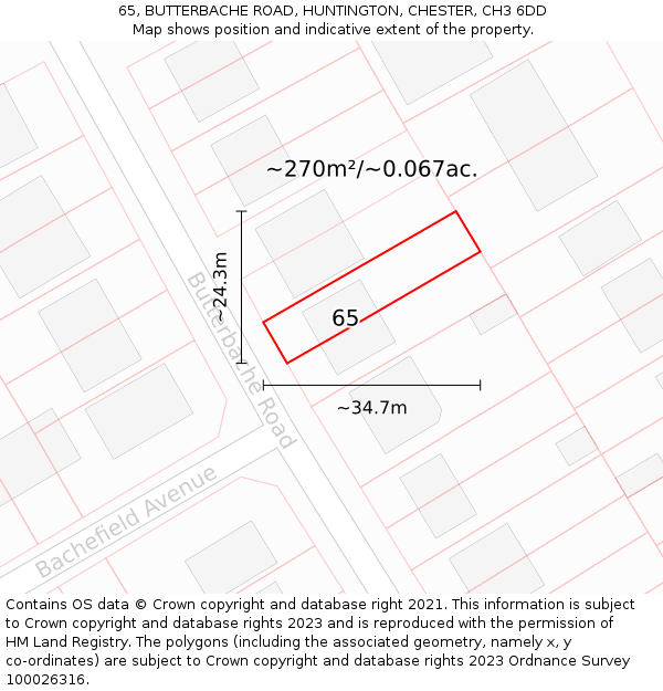 65, BUTTERBACHE ROAD, HUNTINGTON, CHESTER, CH3 6DD: Plot and title map