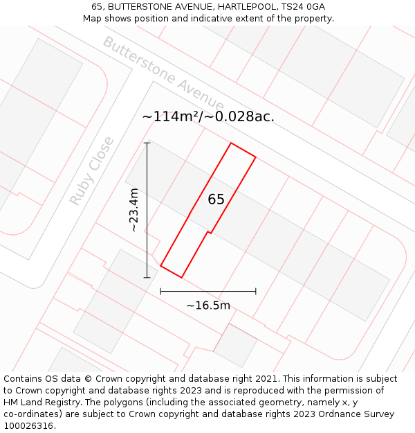 65, BUTTERSTONE AVENUE, HARTLEPOOL, TS24 0GA: Plot and title map