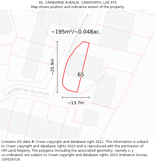 65, CAMBORNE AVENUE, CARNFORTH, LA5 9TS: Plot and title map