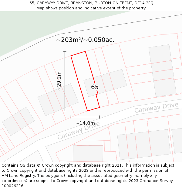 65, CARAWAY DRIVE, BRANSTON, BURTON-ON-TRENT, DE14 3FQ: Plot and title map