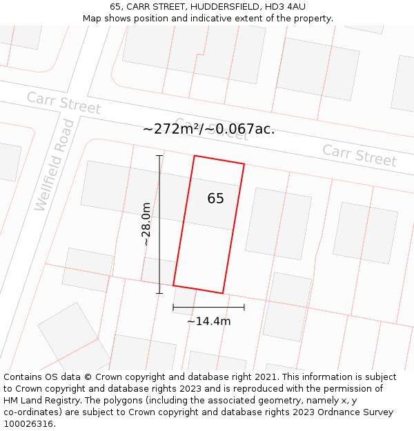 65, CARR STREET, HUDDERSFIELD, HD3 4AU: Plot and title map