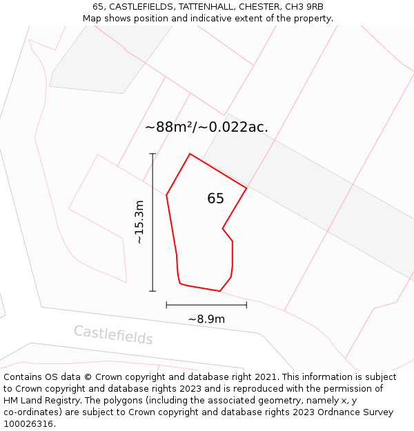 65, CASTLEFIELDS, TATTENHALL, CHESTER, CH3 9RB: Plot and title map