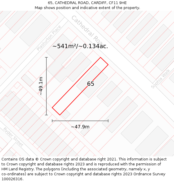 65, CATHEDRAL ROAD, CARDIFF, CF11 9HE: Plot and title map