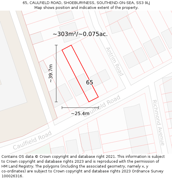 65, CAULFIELD ROAD, SHOEBURYNESS, SOUTHEND-ON-SEA, SS3 9LJ: Plot and title map