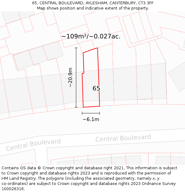 65, CENTRAL BOULEVARD, AYLESHAM, CANTERBURY, CT3 3FF: Plot and title map