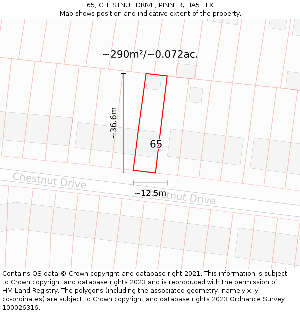 65, CHESTNUT DRIVE, PINNER, HA5 1LX: Plot and title map