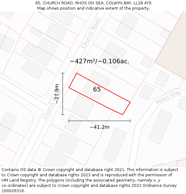 65, CHURCH ROAD, RHOS ON SEA, COLWYN BAY, LL28 4YS: Plot and title map