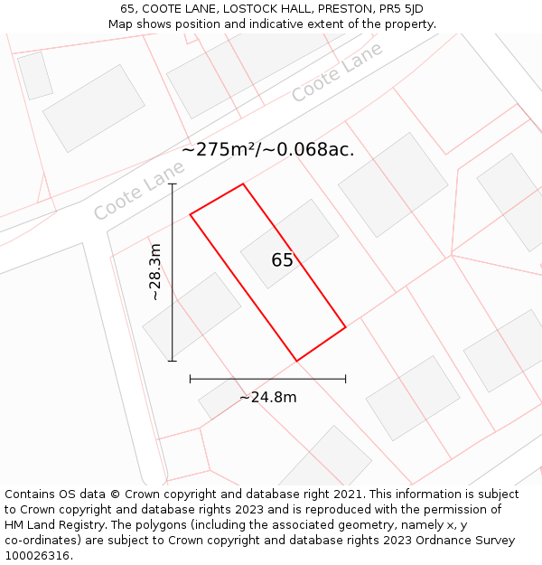 65, COOTE LANE, LOSTOCK HALL, PRESTON, PR5 5JD: Plot and title map