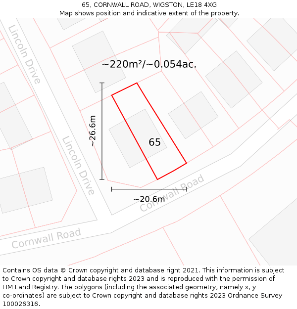 65, CORNWALL ROAD, WIGSTON, LE18 4XG: Plot and title map