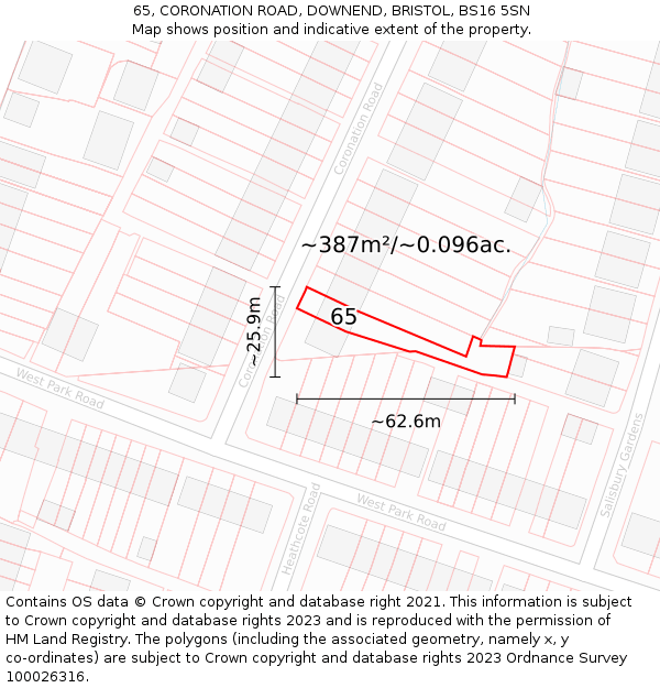 65, CORONATION ROAD, DOWNEND, BRISTOL, BS16 5SN: Plot and title map
