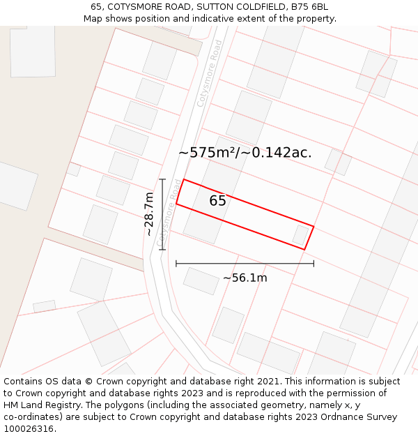 65, COTYSMORE ROAD, SUTTON COLDFIELD, B75 6BL: Plot and title map