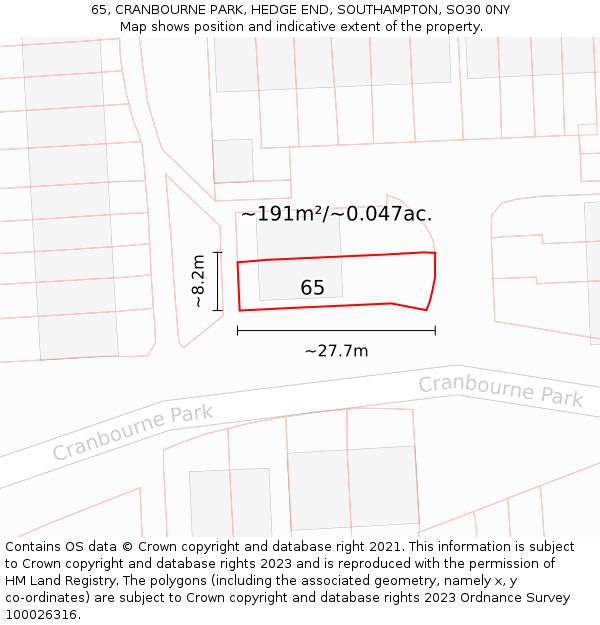 65, CRANBOURNE PARK, HEDGE END, SOUTHAMPTON, SO30 0NY: Plot and title map