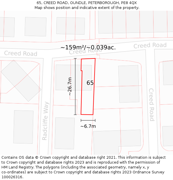 65, CREED ROAD, OUNDLE, PETERBOROUGH, PE8 4QX: Plot and title map