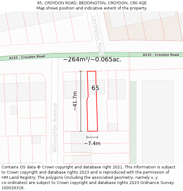 65, CROYDON ROAD, BEDDINGTON, CROYDON, CR0 4QE: Plot and title map