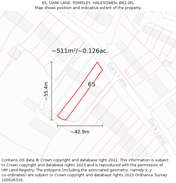 65, DARK LANE, ROMSLEY, HALESOWEN, B62 0PL: Plot and title map