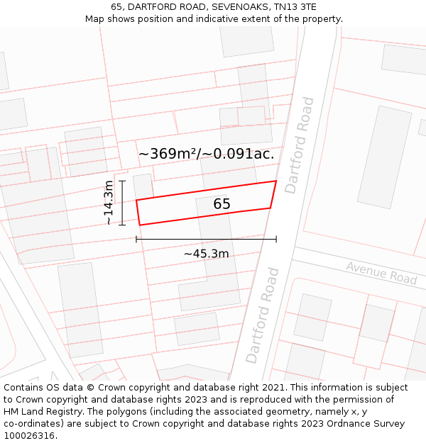 65, DARTFORD ROAD, SEVENOAKS, TN13 3TE: Plot and title map