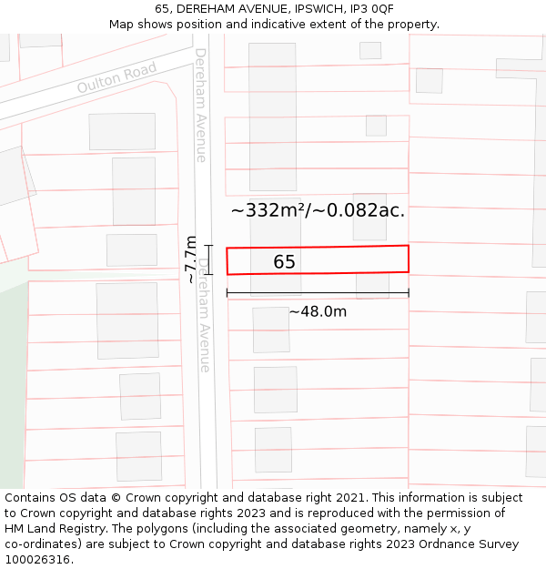 65, DEREHAM AVENUE, IPSWICH, IP3 0QF: Plot and title map