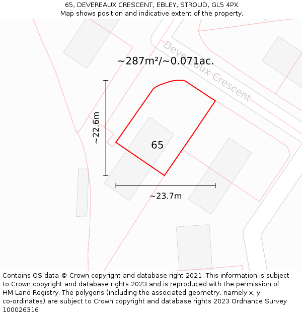 65, DEVEREAUX CRESCENT, EBLEY, STROUD, GL5 4PX: Plot and title map