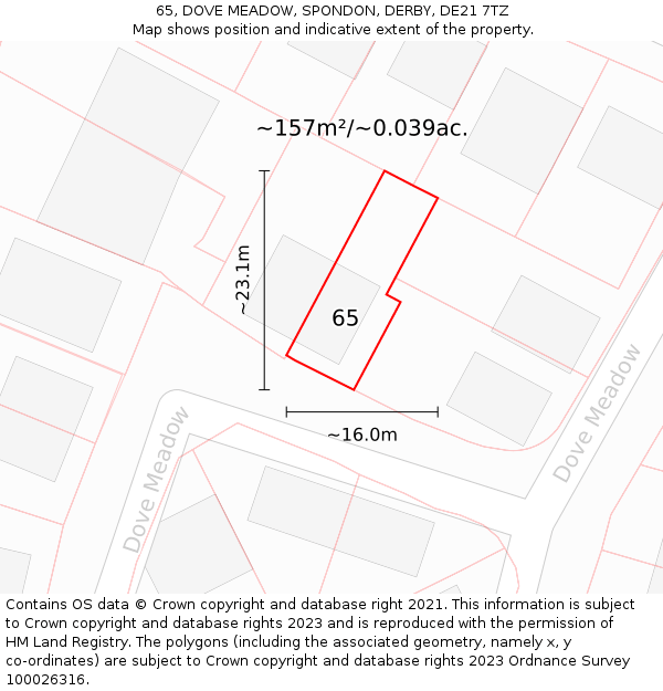 65, DOVE MEADOW, SPONDON, DERBY, DE21 7TZ: Plot and title map