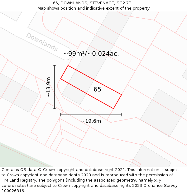 65, DOWNLANDS, STEVENAGE, SG2 7BH: Plot and title map