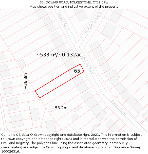 65, DOWNS ROAD, FOLKESTONE, CT19 5PW: Plot and title map