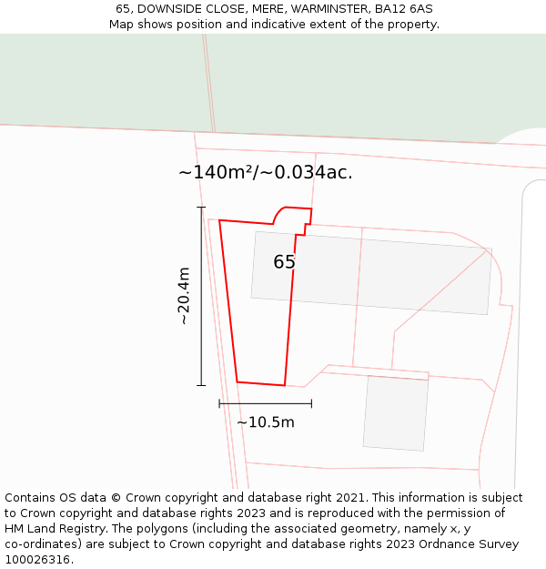 65, DOWNSIDE CLOSE, MERE, WARMINSTER, BA12 6AS: Plot and title map