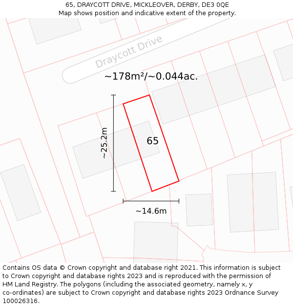 65, DRAYCOTT DRIVE, MICKLEOVER, DERBY, DE3 0QE: Plot and title map