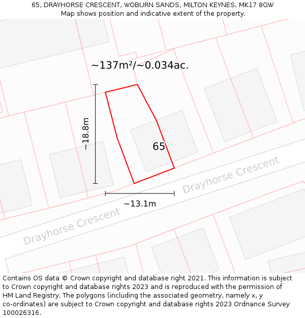 65, DRAYHORSE CRESCENT, WOBURN SANDS, MILTON KEYNES, MK17 8GW: Plot and title map