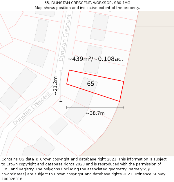 65, DUNSTAN CRESCENT, WORKSOP, S80 1AG: Plot and title map
