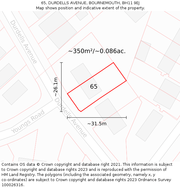 65, DURDELLS AVENUE, BOURNEMOUTH, BH11 9EJ: Plot and title map