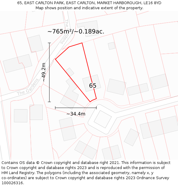 65, EAST CARLTON PARK, EAST CARLTON, MARKET HARBOROUGH, LE16 8YD: Plot and title map