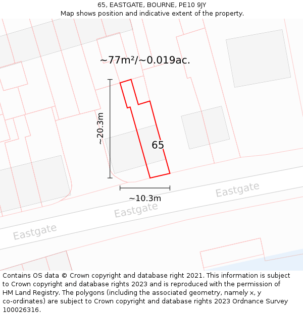 65, EASTGATE, BOURNE, PE10 9JY: Plot and title map