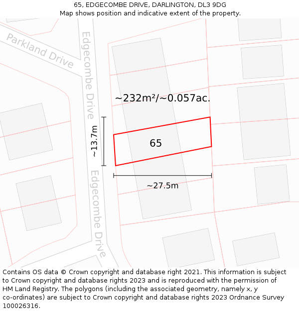 65, EDGECOMBE DRIVE, DARLINGTON, DL3 9DG: Plot and title map