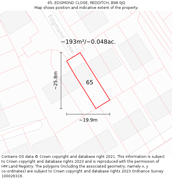 65, EDGMOND CLOSE, REDDITCH, B98 0JQ: Plot and title map