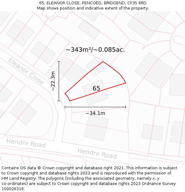 65, ELEANOR CLOSE, PENCOED, BRIDGEND, CF35 6RD: Plot and title map