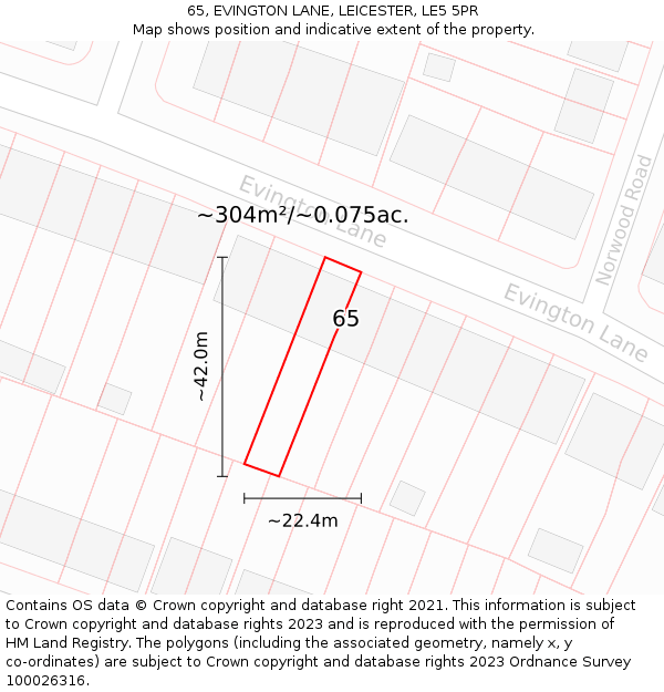 65, EVINGTON LANE, LEICESTER, LE5 5PR: Plot and title map