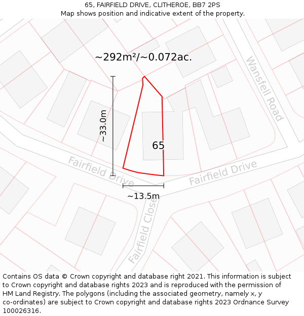 65, FAIRFIELD DRIVE, CLITHEROE, BB7 2PS: Plot and title map