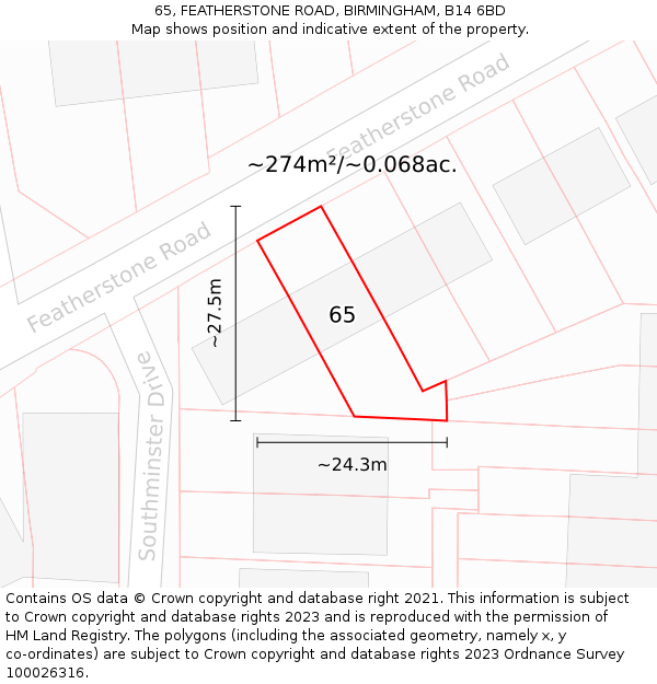 65, FEATHERSTONE ROAD, BIRMINGHAM, B14 6BD: Plot and title map
