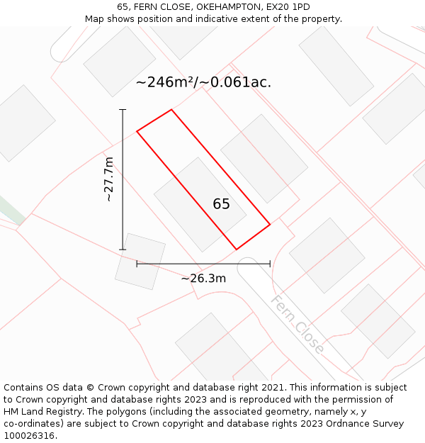 65, FERN CLOSE, OKEHAMPTON, EX20 1PD: Plot and title map