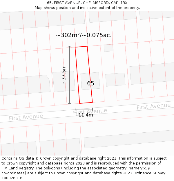 65, FIRST AVENUE, CHELMSFORD, CM1 1RX: Plot and title map