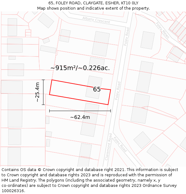 65, FOLEY ROAD, CLAYGATE, ESHER, KT10 0LY: Plot and title map