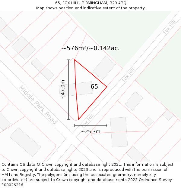 65, FOX HILL, BIRMINGHAM, B29 4BQ: Plot and title map