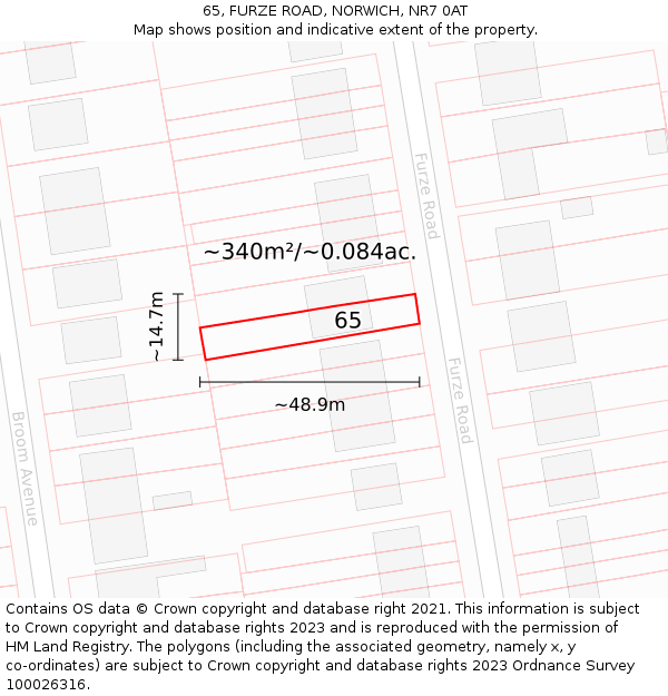 65, FURZE ROAD, NORWICH, NR7 0AT: Plot and title map